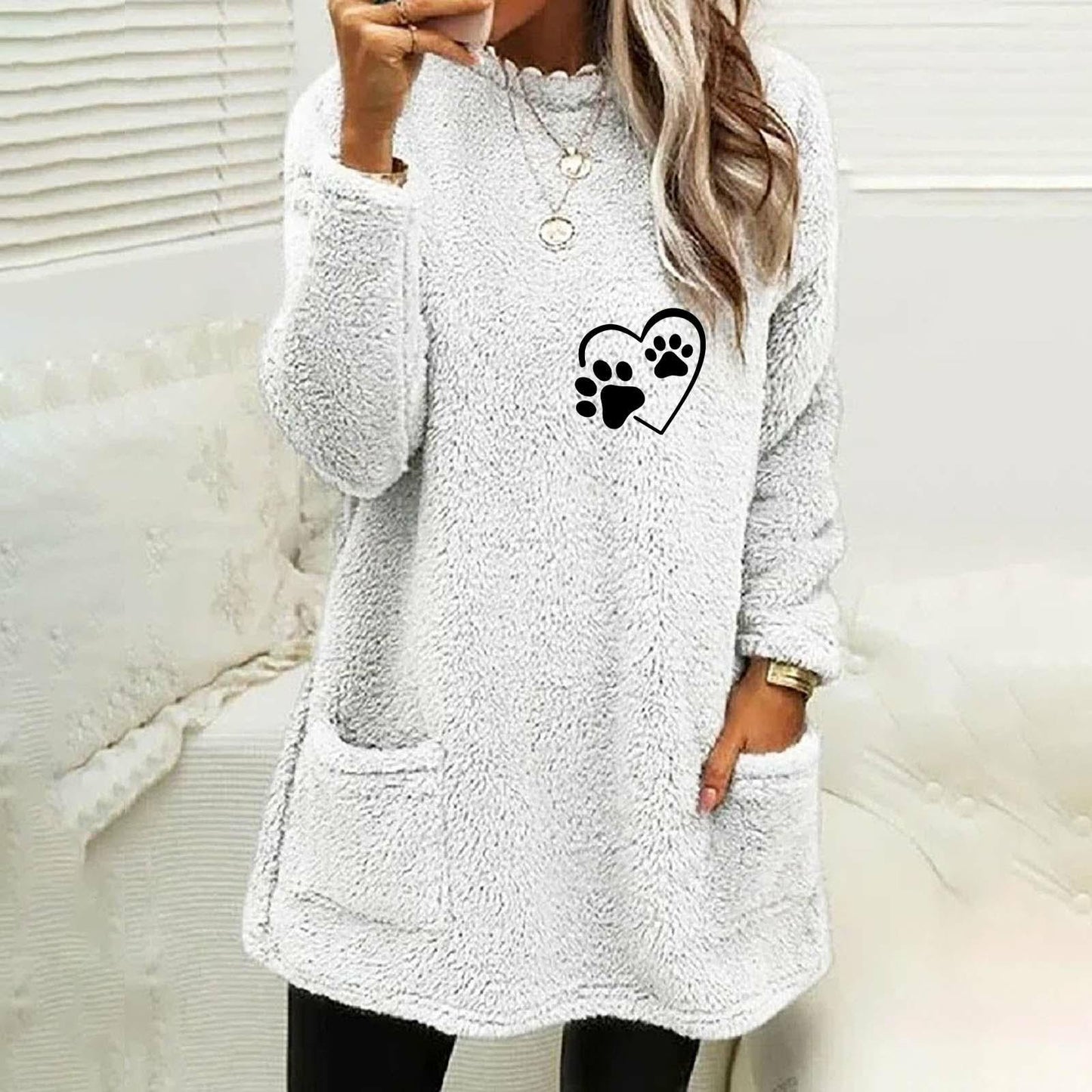 Autumn Women's Loose Long Sleeve Love Footprints Print Double-sided Velvet Sweatshirt