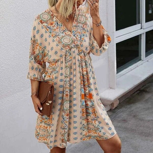 Cross-border Sexy V-neck Waist Trimming Printing Dress