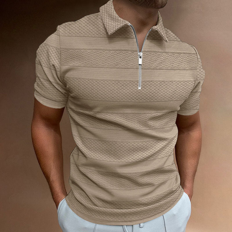 Summer Men's Shirt Solid Color Short-sleeved Lapel Casual Jacquard Top