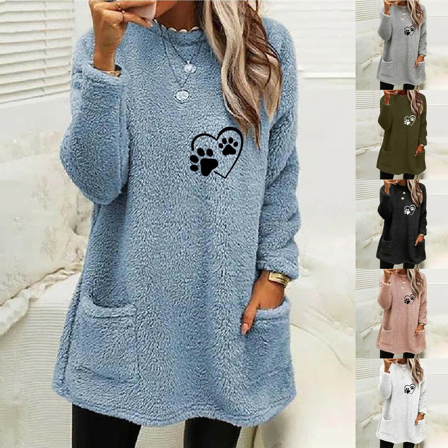 Autumn Women's Loose Long Sleeve Love Footprints Print Double-sided Velvet Sweatshirt