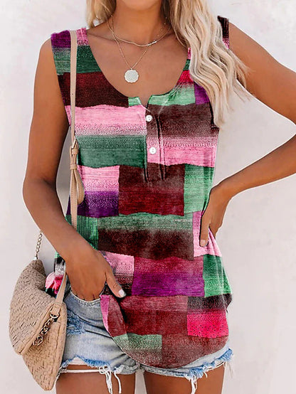 New Striped Printed Button Loose U-neck Vest T-shirt