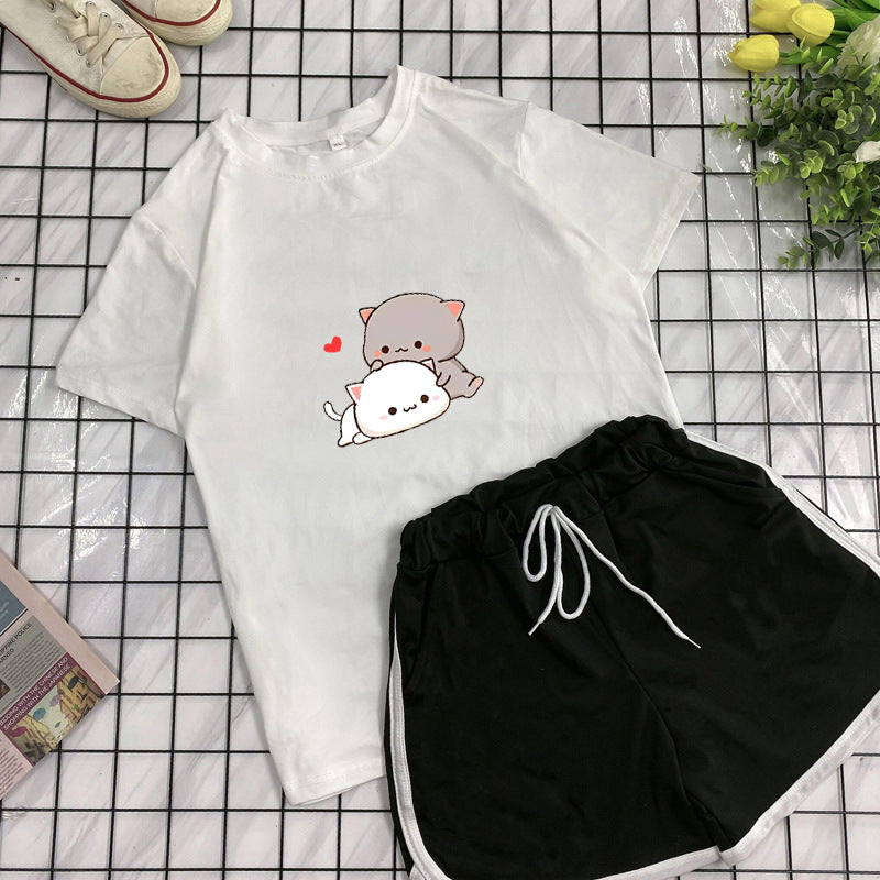 Student Crew Neck T-shirt Shorts Loose Sports Two-piece Set