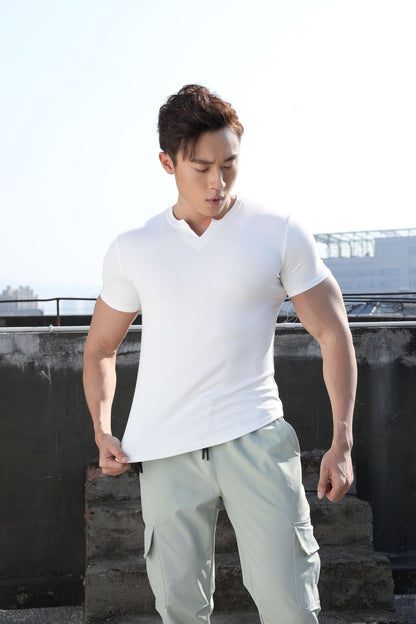 Men's V-collar Short Sleeve Coat Sports Quick-drying Solid Color Outdoor Fitness Running Slim