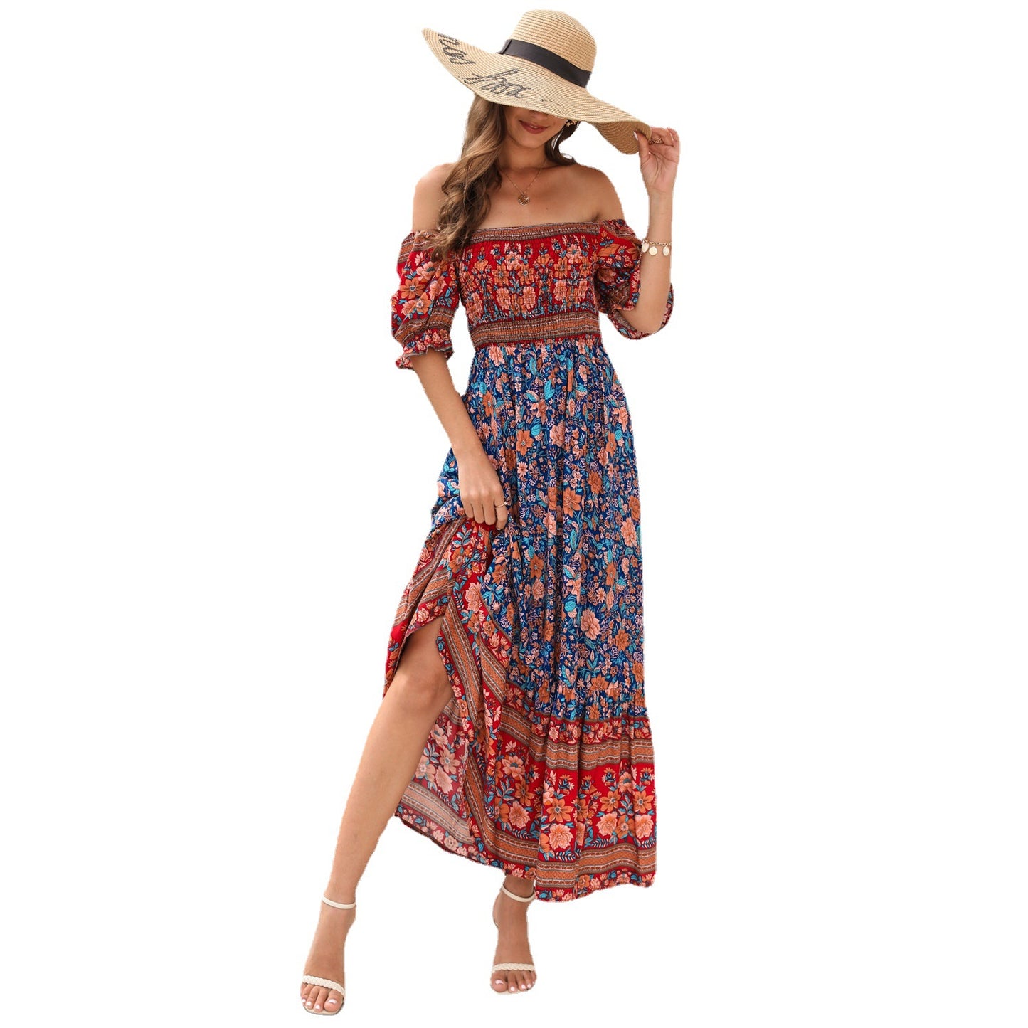 Bohemian Beach Holiday Dress Off-shoulder Puff Sleeve