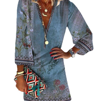 Summer V-neck Hanging Long Sleeve Printed Beach Bohemian Style Short Loose Dress Women