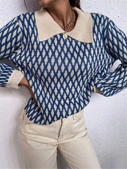 French Style Diamond Patterns Lantern Sleeve Contrast Color Sweater