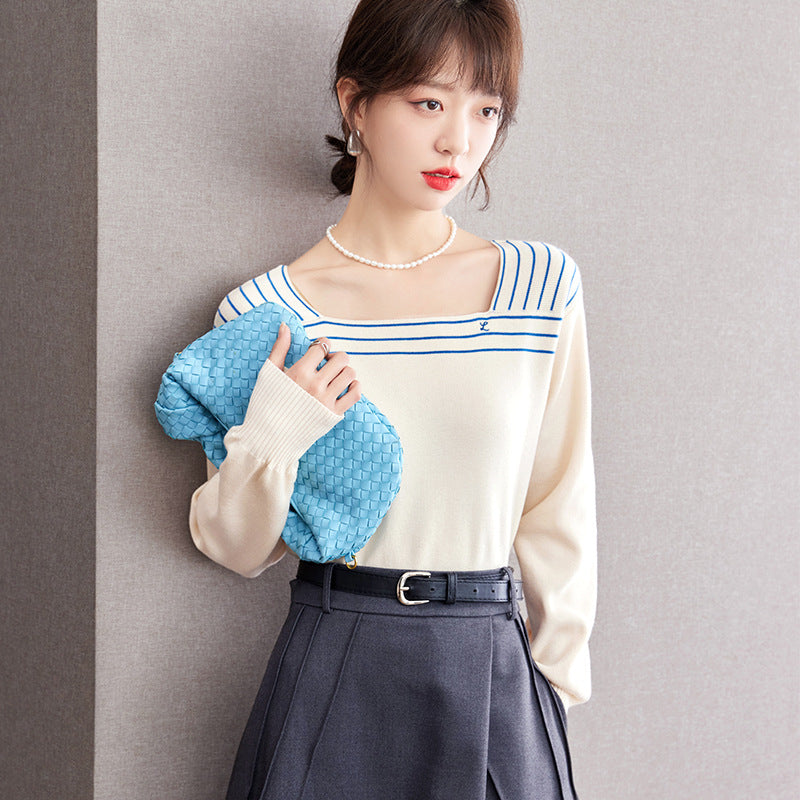 French Sailor Blue Striped Square Collar Sweater Retro Navy Style