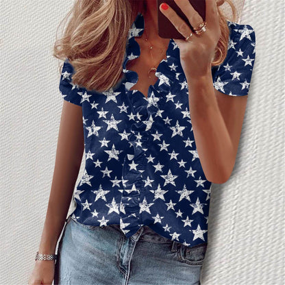 European And American Summer Ruffles Short Sleeve Slim Flower Print