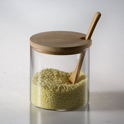 Salt And Sugar Seasoning Round Glass Bamboo And Wood Lid Storage Jar