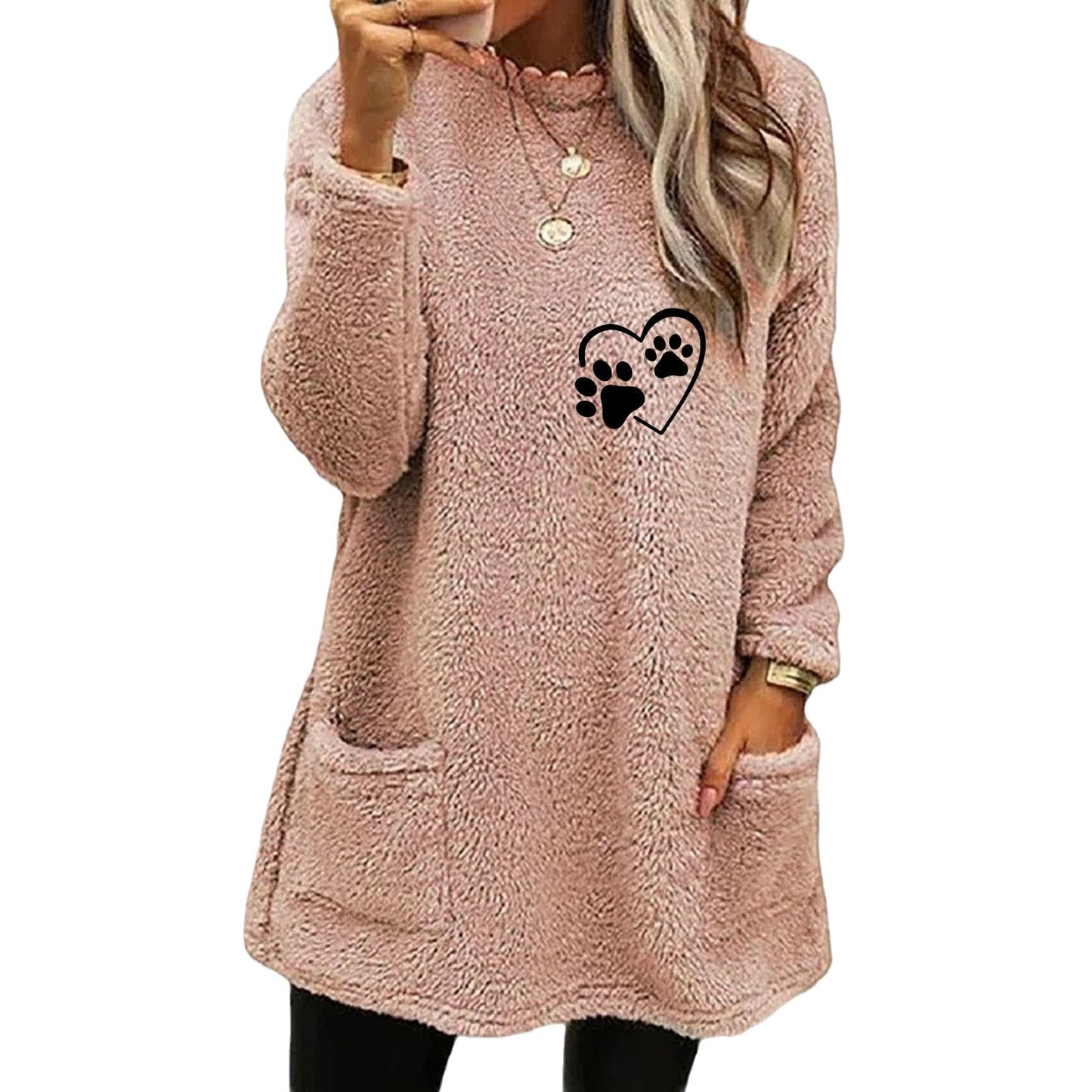 Autumn Women's Loose Long Sleeve Love Footprints Print Double-sided Velvet Sweatshirt