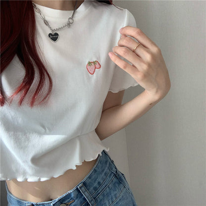 Short Sleeve Embroidered Wooden Ear Slim T-shirt