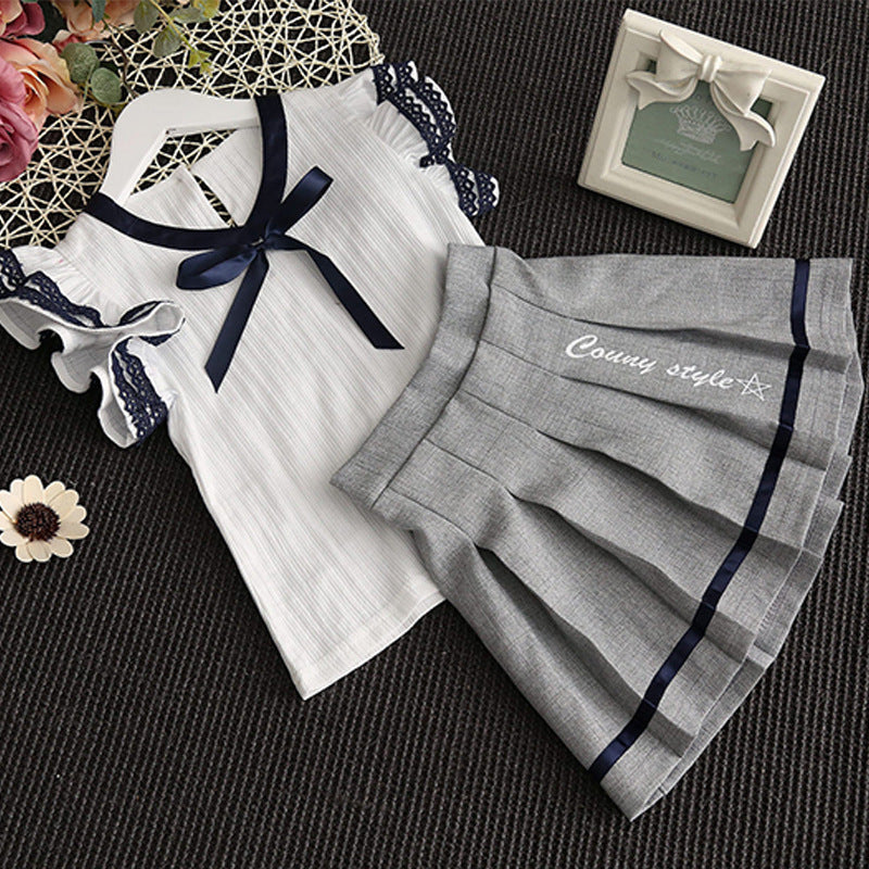 Children's wear girls Korean version of the summer dress set new lace short-sleeved college wind two-piece set of a generation of tide