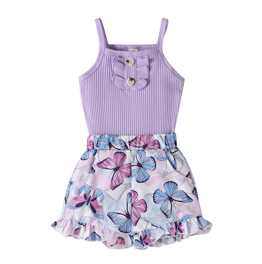 Ensemble deux pièces avec short papillon à rayures et bretelles violettes