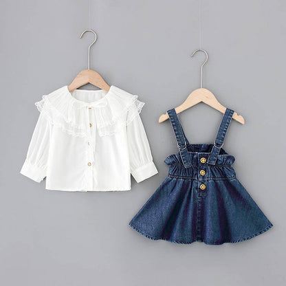 Lace big lapel shirt denim strap dress