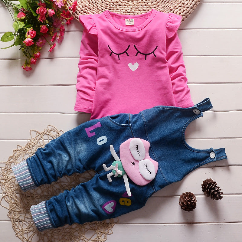 Girls Korean cotton sweater denim bib two-piece suit