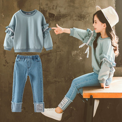 Lace sleeve jeans children's suit