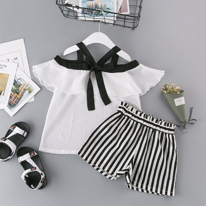 Korean Children's Striped Off Shoulder Short Sleeve Suit