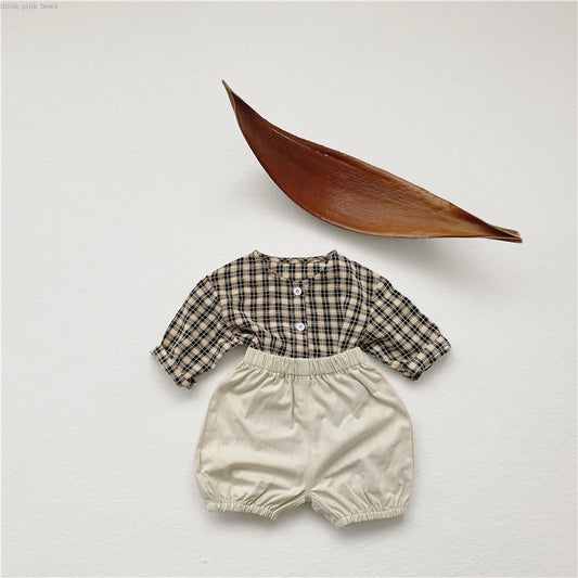 Costume deux pièces coréen pour bébé, chemise à carreaux à col rond et short à pain