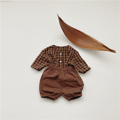 Costume deux pièces coréen pour bébé, chemise à carreaux à col rond et short à pain