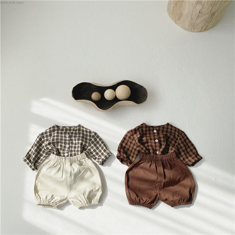 Costume deux pièces coréen pour bébé, chemise à carreaux à col rond et short à pain