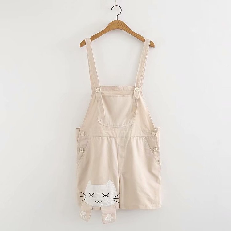 Cat Embroidery Schoolgirl Overalls