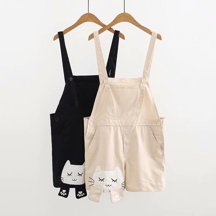 Cat Embroidery Schoolgirl Overalls