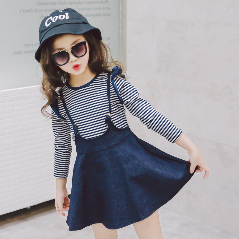 Girls Casual Striped  Short-Sleeved Denim Strap Dress