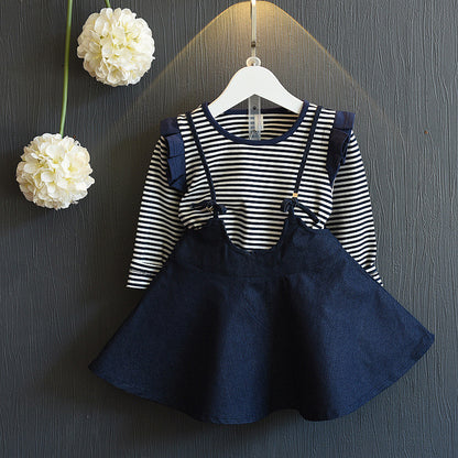 Girls Casual Striped  Short-Sleeved Denim Strap Dress