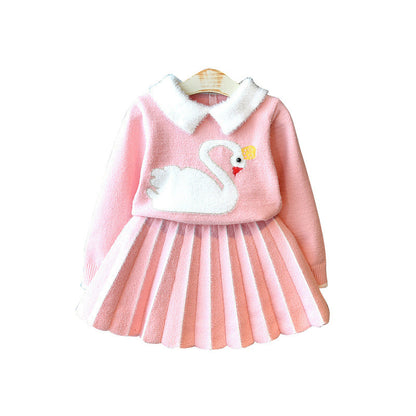 Girls Sweater Long-sleeved Knitted Skirt Suit