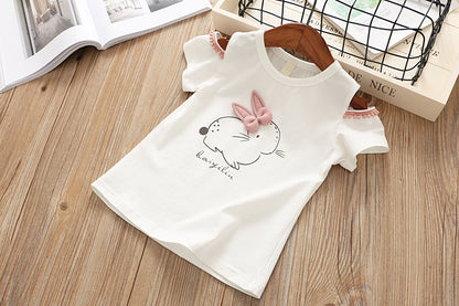 Rabbit Off-shoulder Short-sleeved T-shirt Puffy Skirt Suit