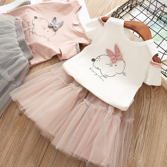 Rabbit Off-shoulder Short-sleeved T-shirt Puffy Skirt Suit