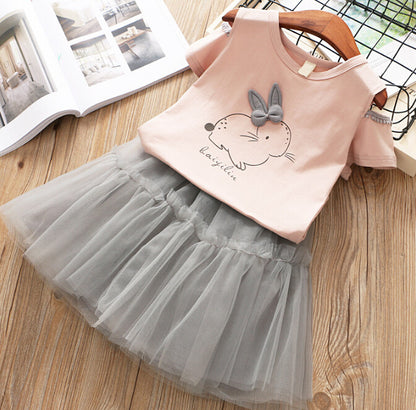 Rabbit Off-shoulder Short-sleeved T-shirt Puffy Skirt Suit