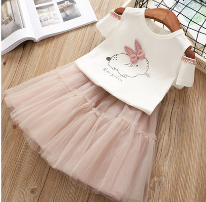 Rabbit Off-shoulder Short-sleeved T-shirt Puffy Skirt Suit