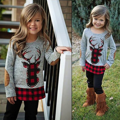 Girls Elk Pattern Red Plaid Top Trousers Two-Piece Set