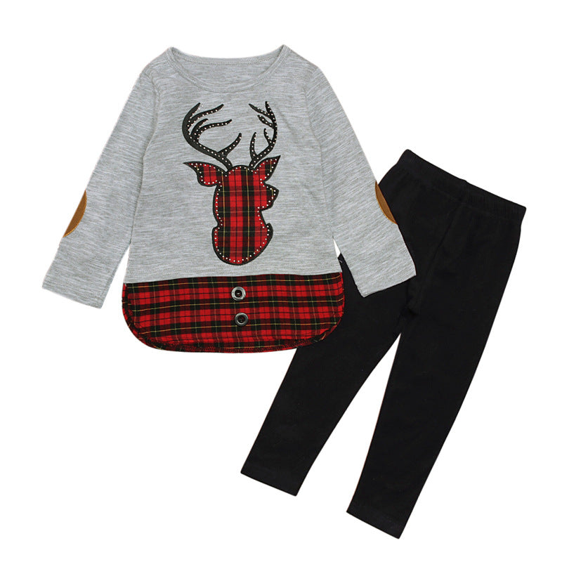 Girls Elk Pattern Red Plaid Top Trousers Two-Piece Set