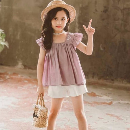 Girls Summer New Style Little Girl Fashionable Suit Children Western Style Short-Sleeved Children's Clothing Big Girl Two-Piece Trend