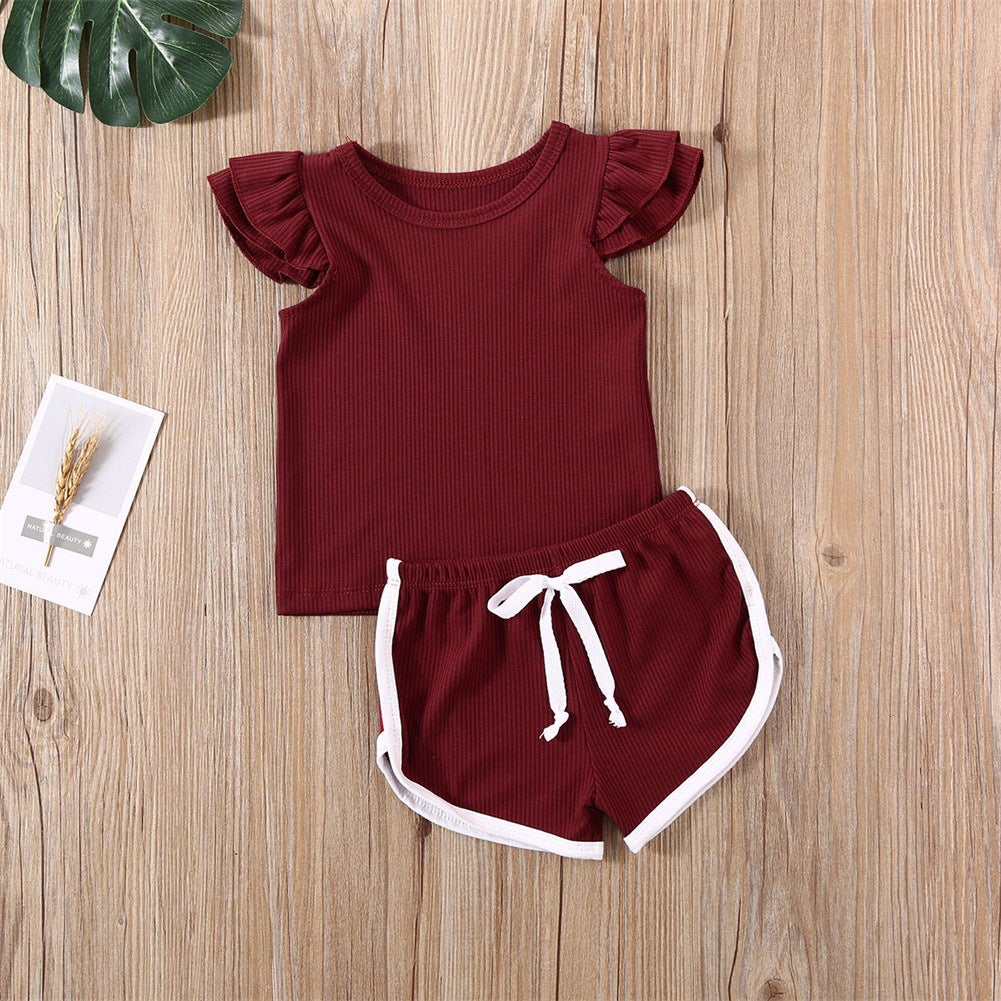 Girls Pit Cotton Fly Sleeve Blouse And Shorts Set