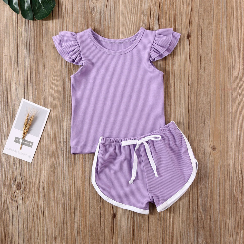 Girls Pit Cotton Fly Sleeve Blouse And Shorts Set