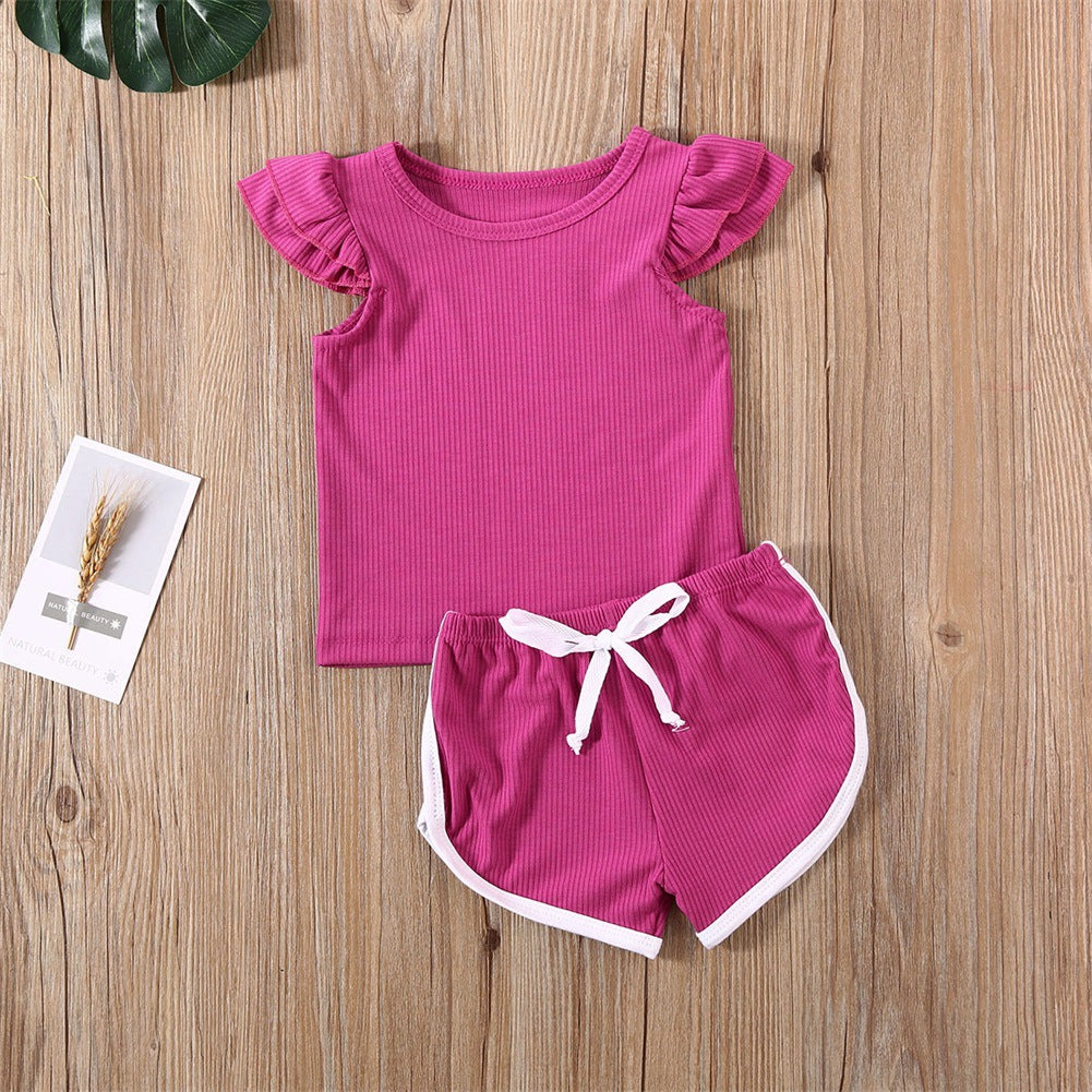 Girls Pit Cotton Fly Sleeve Blouse And Shorts Set