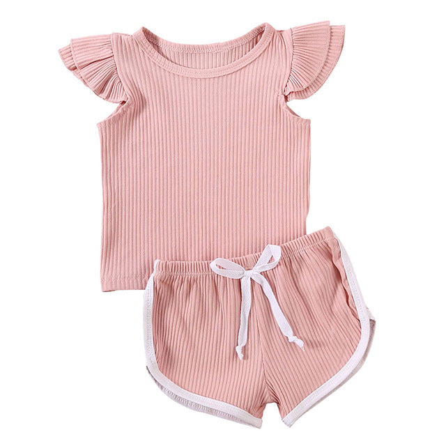 Girls Pit Cotton Fly Sleeve Blouse And Shorts Set