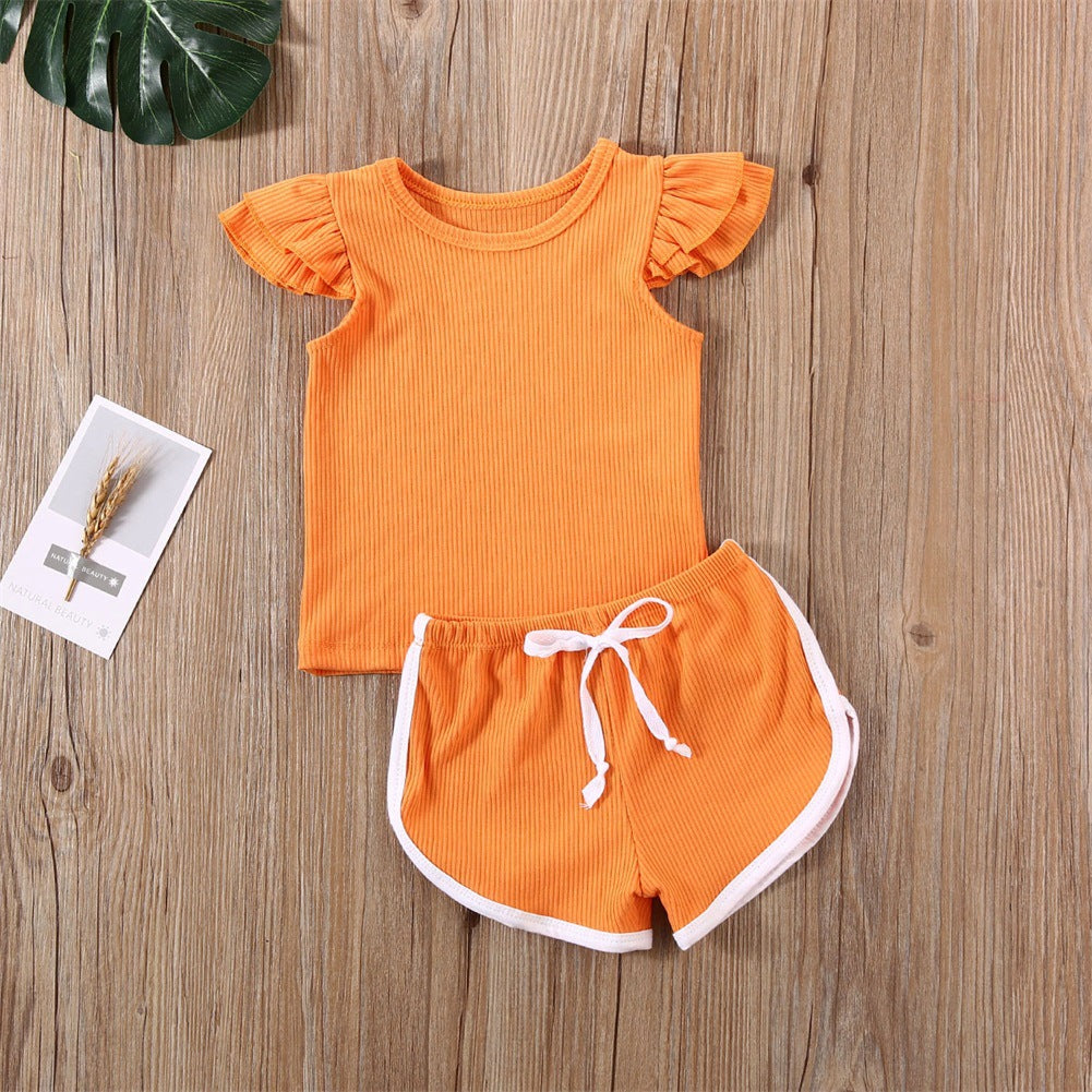 Girls Pit Cotton Fly Sleeve Blouse And Shorts Set