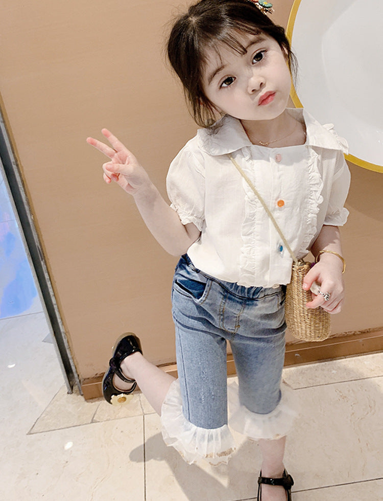 Girls Short-sleeved Lace Shirt  Lace Flared Jeans Princess Fashion Suit