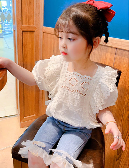 Girls Short-sleeved Lace Shirt  Lace Flared Jeans Princess Fashion Suit