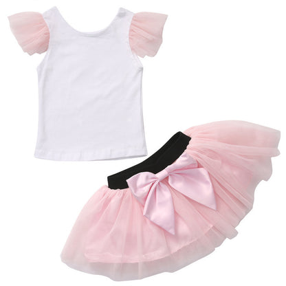 Spring Cotton Short-Sleeved Fashion Sweet Parent-Child Suit Net Gauze Canopy Skirt Two-Piece Mother And Daughter Suit Skirt