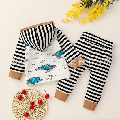 Baby Top Turtle Hooded Print Striped Pants