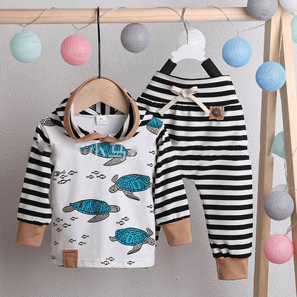 Baby Top Turtle Hooded Print Striped Pants