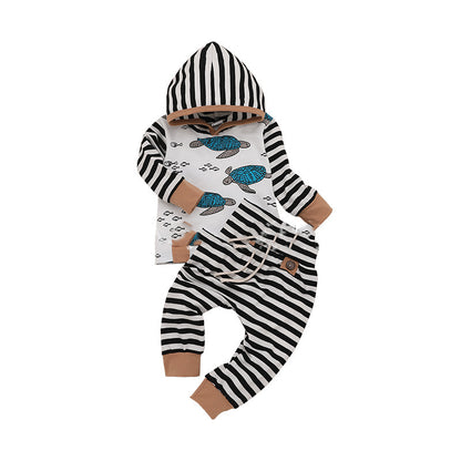 Baby Top Turtle Hooded Print Striped Pants