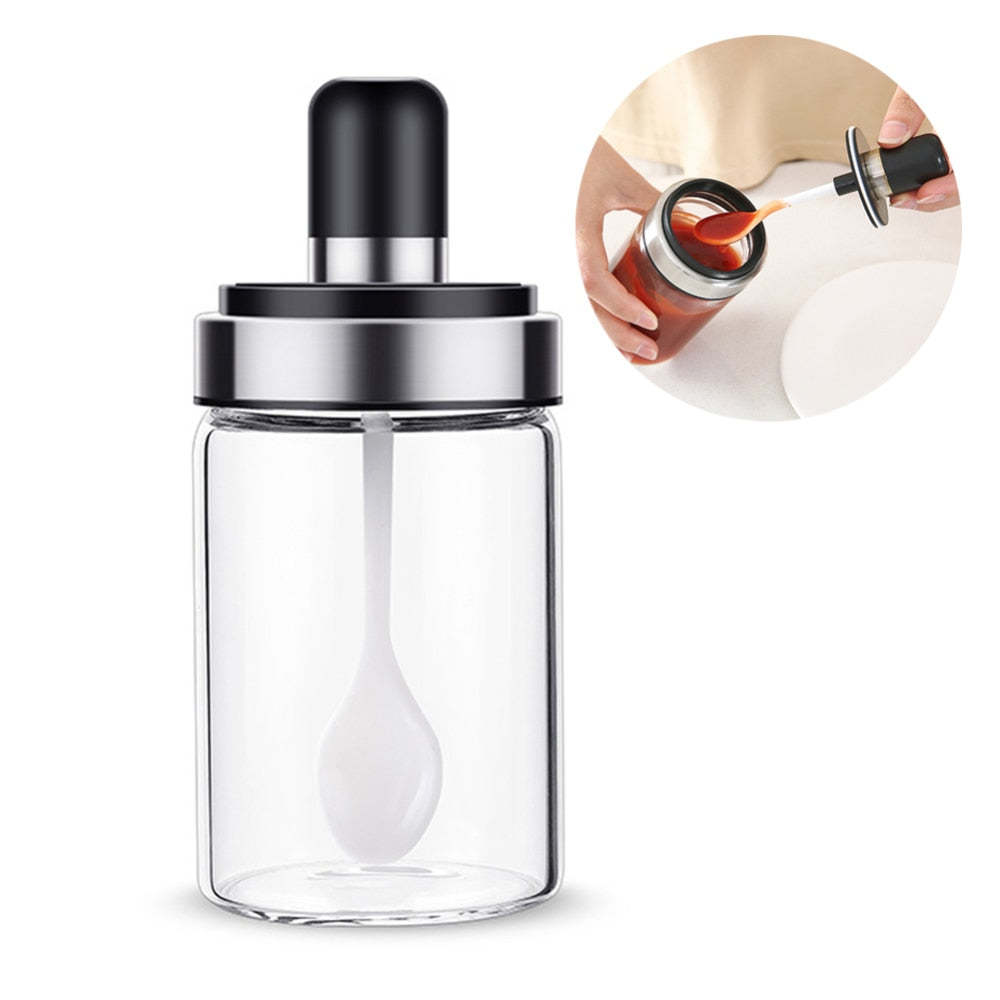 Seasoning Jar With Spoon Transparent Glass Salt Jar With Lid