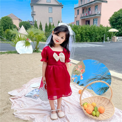 Bubble Short-sleeved Evening Cloud Yarn Bow Princess Dress Sweet Wind Fairy Dress