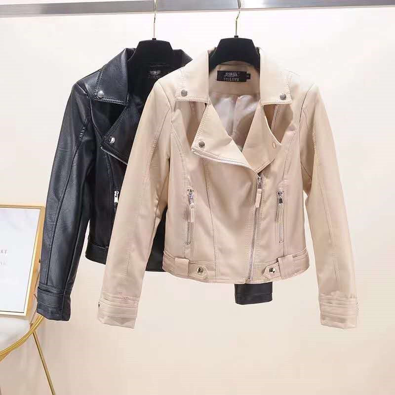 Women's Fashion Solid Color Motorcycle Leather Jacket